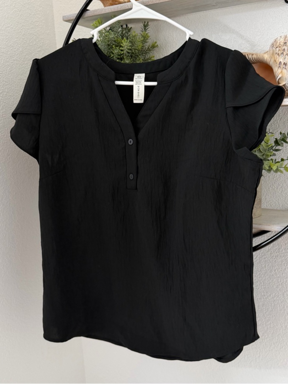 Black Short-Sleeve Henley Blouse - Lightweight Everyday Top
